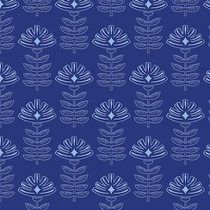 May include: A repeating pattern of stylized light blue floral and leaf designs on a dark blue background. The floral elements have a diamond-shaped center. The leaves are arranged along a central stem.