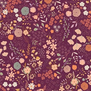 May include: A floral pattern on a deep purple background, showcasing flowers in peach, orange, white, and green. The design includes diverse flower types and delicate sprigs, forming a dense, botanical arrangement, ideal for fabric or wallpaper.