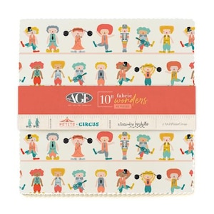 May include: A 10-inch fabric collection called "Petite Circus" by Alexandra Bordallo for Art Gallery Fabrics. The fabric features a white background with a repeating pattern of colorful clowns in various poses. The fabric is perfect for quilting, sewing, and crafting.