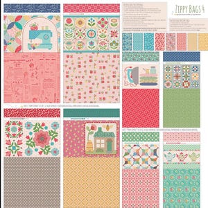 May include: A collection of fabric panels with floral, geometric, and sewing-themed designs. The panels feature a sewing machine, flowers, and a house with a garden. Colors include pink, blue, green, and yellow. The text "Zippy Bags 4" is visible.