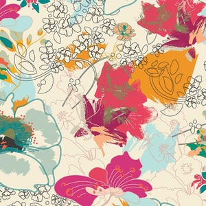 Puede incluir: Patrón floral sobre fondo crema. Grandes flores estilizadas en rosa, rojo, turquesa y naranja. Contornos de flores y hojas adicionales crean un efecto de capas.