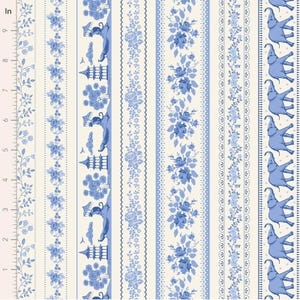 May include: Fabric with a repeating pattern of blue floral and Asian-inspired designs on an off-white background. The pattern includes floral bouquets, pagodas, and elephants. The fabric is measured in inches.