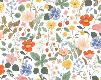 May include: A white background with a repeating pattern of colorful flowers, leaves, and butterflies. The flowers include red, pink, yellow, blue, and white flowers. The leaves are green and the butterflies are blue and brown.