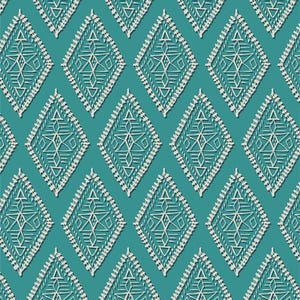 May include: A repeating pattern of white diamond shapes with intricate geometric designs on a teal background. The diamonds are outlined with a textured border, creating a sense of depth and detail. The design has a handcrafted, bohemian aesthetic.