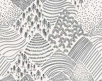 May include: Black and white illustration of a mountain landscape with trees, hills, and a dotted pattern. The design is drawn with simple lines and shapes.