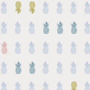 May include: A repeating pattern of stylized pineapples in various colors, including blue, green, pink, and gold, against a cream-colored background. The pineapples are arranged in neat rows, creating a tropical and playful design suitable for fabric or wallpaper.