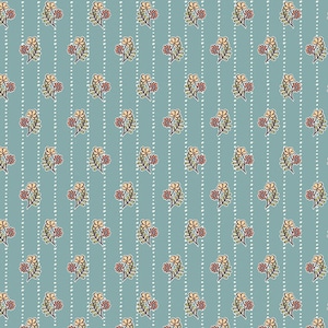 Puede incluir: Un patrón sin costuras con un diseño repetitivo de pequeñas ramitas florales estilizadas en tonos amarillos, naranjas y rojos sobre un fondo azul claro.
