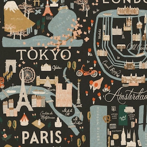 Canvas RP801-BK3UC Bon Voyage - City Guide - Tessuto in tela non sbiancata nera Tessuto in cotone trapuntato Cotton+Steel di Rifle Paper Co.