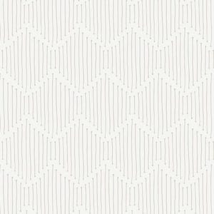 May include: Off-white wallpaper with a repeating pattern of vertical, thin, gray lines. Each line has a small dot at the top and bottom, creating a zig-zag design across the surface. The lines are evenly spaced.