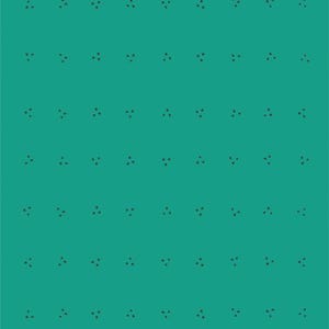 Może przedstawiać: Tło w kolorze turkusowym z powtarzającym się wzorem małych czarnych trójkątów. Każdy trójkąt składa się z trzech czarnych kropek.