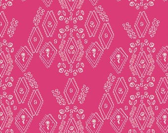 May include: A seamless pattern with a pink background and white geometric designs. The pattern features a repeating diamond shape with a floral motif inside. The design is intricate and detailed, creating a visually appealing and elegant pattern.