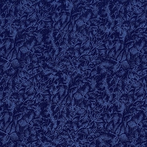 May include: A seamless pattern of blue and white floral designs on a dark blue background. The pattern is reminiscent of a traditional wallpaper or fabric design.