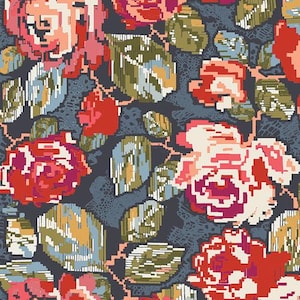 May include: A dark blue background with a floral pattern featuring red, pink, and white roses. The roses are stylized and pixelated, giving the design a digital feel.