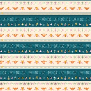 May include: A seamless pattern featuring a repeating design of butterflies, bees, and flowers. The pattern is in shades of orange, yellow, pink, blue, and green. The background is a light cream color.