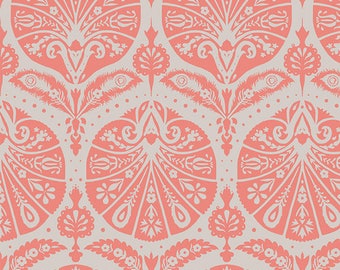 May include: A repeating pattern featuring coral-colored floral and ornamental designs on a light gray background. The symmetrical arrangement includes stylized flowers, leaves, and decorative elements, creating a vintage or bohemian aesthetic. Suitable for fabric or wallpaper.
