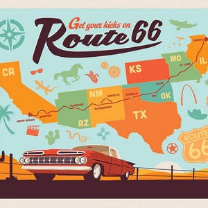Ruta 66 Disfruta de la Ruta 66 Panel de mapa Motociclistas Edredón de la Ruta 66 Tela de algodón de Riley Blake Designs