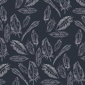 May include: A seamless pattern featuring white feather illustrations on a dark blue background. The feathers vary in size and shape, with detailed line art. The design is repeated across the surface, creating a visually appealing and consistent pattern.
