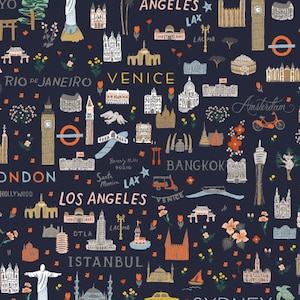 RP800-NA3 Bon Voyage - World Traveler - Tessuto blu navy Rifle Paper Co Cotton+Steel Quilt Tessuto di cotone