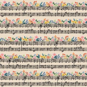 May include: A repeating pattern of musical notes and floral arrangements. The black musical notes are on a cream-colored background. The floral arrangements include pink, yellow, orange, and blue flowers with green leaves.