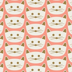 May include: A repeating pattern of white cat faces with gold-colored ears, eyes, and whiskers on a coral background. The cat faces are evenly spaced and create a playful, whimsical design. The pattern is suitable for various applications.