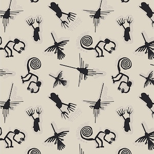 Może przedstawiać: Wzór bez szwów z czarnymi sylwetkami stylizowanych postaci zwierząt i ptaków na jasnobeżowym tle. Postacie obejmują kolibra, małpę i stylizowanego ptaka z długim dziobem.