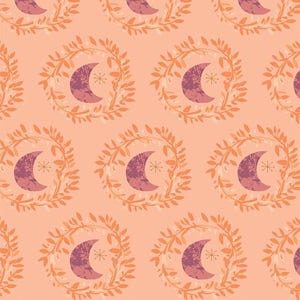 May include: A repeating pattern featuring crescent moons and stars within leaf wreaths. The moons are a textured purple, the stars are gold, and the wreaths are orange and cream. The background is a soft peach color.