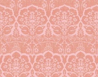 May include: A seamless pattern featuring a repeating damask design in shades of peach and light pink. The pattern has a textured appearance, with the floral and scroll elements in a lighter hue against a peach background. The design is symmetrical and ornate.