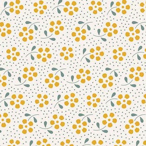May include: A seamless pattern featuring yellow flowers with five petals on a white background with small gray dots. The flowers are arranged in a repeating pattern with a small gray stem and leaves.