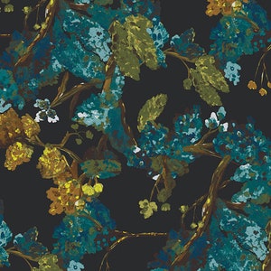 Puede incluir: Un patrón sin costuras con ramas florales estilizadas azules y verdes con acentos amarillos sobre un fondo negro.