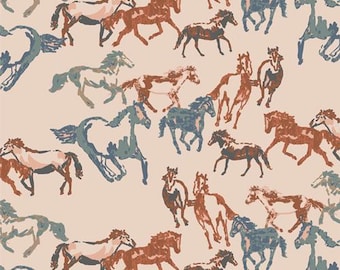 May include: A repeating pattern of running horses in shades of brown, blue, and cream. The horses are depicted in a loose, painterly style, creating a dynamic and energetic design. The background is a soft cream color.