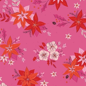 May include: A pink background with a repeating pattern of red and white poinsettia flowers and white flowers. The flowers are drawn in a stylized, whimsical style.