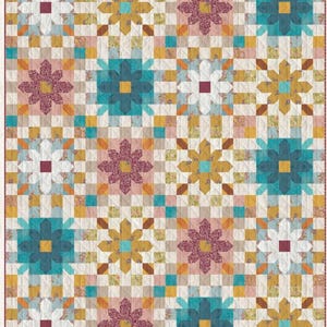 May include: A rectangular quilt featuring a repeating grid pattern of star-shaped floral blocks. The design incorporates a palette of teal, mustard yellow, white, and dusty rose, with small-scale floral prints and solid-colored fabric squares.