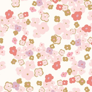 May include: A seamless pattern featuring pink, purple, and gold flowers on a white background. The flowers are stylized and have a hand-drawn look.