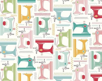 May include: A white fabric with a repeating pattern of colorful sewing machines. The sewing machines are in shades of red, yellow, green, blue, and pink. Each sewing machine has a bobbin of thread and a needle. The fabric has a white background with a repeating pattern of stitching.