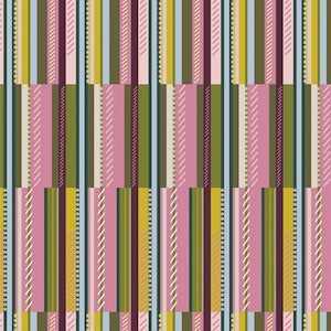 May include: Abstract geometric pattern with vertical stripes in shades of pink, green, yellow, and blue. The pattern is made up of thin and thick stripes, some with a dotted texture.