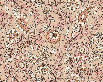 May include: A seamless pattern featuring pink and brown paisley designs, floral motifs, and intricate leaf patterns on a light peach background.
