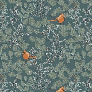 May include: A teal blue background with a repeating pattern of orange cardinals perched on branches with green leaves and white berries.