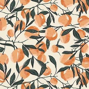 May include: A repeating pattern of oranges and green leaves on a cream background. The oranges are a mix of orange and peach tones, with dark green leaves and stems. The design has a hand-painted look.