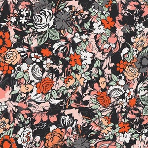 May include: A floral design with a mix of flowers in orange, white, grey, and pink on a black backdrop. The pattern includes roses, daisies, and other stylised blooms, creating a lively and artistic appearance.