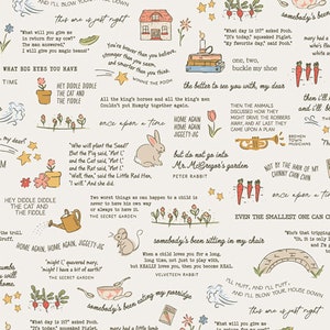 May include: Off-white fabric with a whimsical pattern featuring storybook illustrations, quotes, and characters like a rabbit, house, and carrots. The design includes text elements and a bridge.
