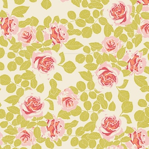 May include: A seamless pattern featuring pink and red roses with green leaves on a cream background.