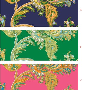 May include: Three rectangular fabric swatches with a repeating floral pattern. The pattern features stylized flowers and leaves in shades of gold, green, and blue on a navy blue background, a green background, and a pink background.