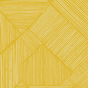 May include: Abstract geometric pattern with white lines on a yellow background. The lines create a series of overlapping squares and rectangles.