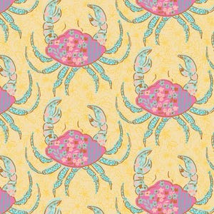 May include: A repeating pattern featuring stylized crabs on a light yellow background. Each crab has a bright pink shell decorated with small blue and pink flowers, paired with light blue legs and claws featuring a dark blue dotted pattern.