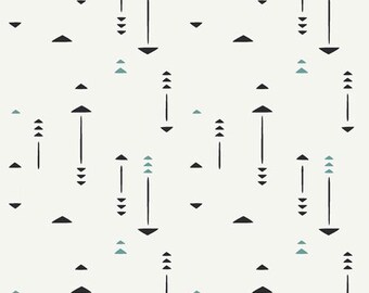 May include: A seamless pattern with black and teal triangles on a white background. The pattern features a variety of geometric shapes, including arrows, triangles, and squares.