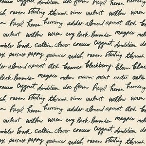 May include: A beige background with black handwritten words, including animal names like raven, heron, and magpie, and plant names like dandelion, clover, and ivy.