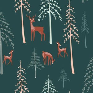 Könnte beinhalten: Ein sich wiederholendes Muster mit stilisierten Hirschen und Bäumen in einer Waldlandschaft. Die Hirsche sind rotbraun, und die Bäume sind in Rosa-, Weiß- und Türkistönen gehalten, vor einem dunkel türkisfarbenen Hintergrund. Das Design erinnert an ein Waldthema.