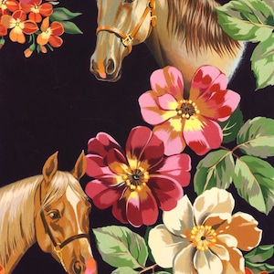 May include: Two brown horses with bridles against a black background with pink, red and white flowers.