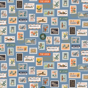 RP802-BL3M Bon Voyage - Francobolli - Tessuto metallizzato blu Rifle Paper Co Cotton+Steel Quilt Tessuto di cotone