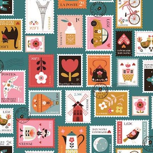 May include: A teal background is covered with colorful postage stamps featuring illustrations of a cat, Eiffel Tower, flowers, a car, a teapot, a windmill, and a bird. The stamps have various shapes and sizes, with text and numbers.